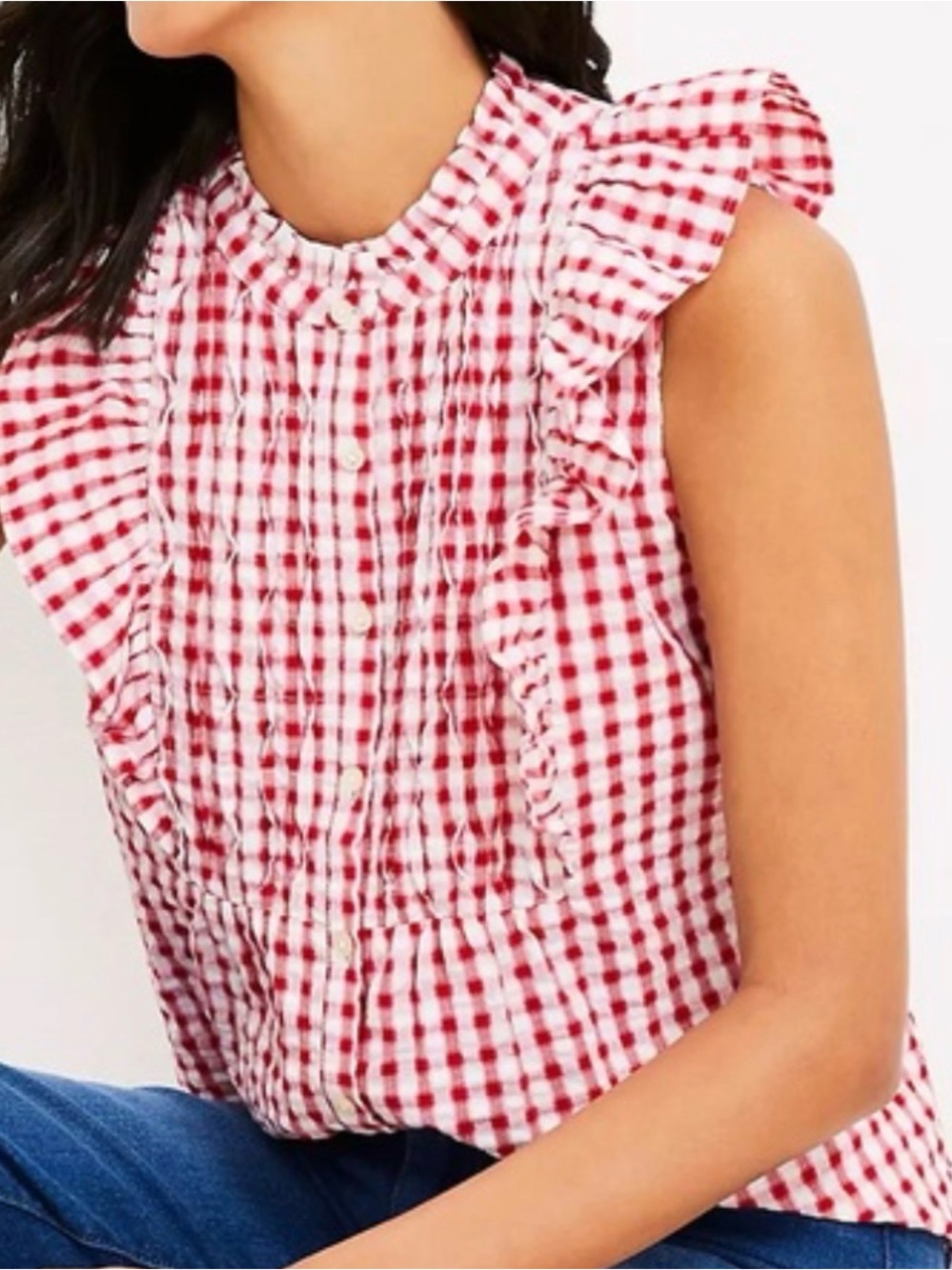 Loft NWT Ruffled Gingham Sleeveless Top - Red/White